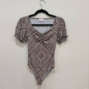 Ruched Front Bandana Print Bodysuit - Brown